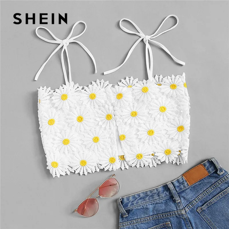 SHEIN женский белый укороченный топ с вышивкой на плече и узлом, женский пляжный отдых, Boho, милый облегающий летний топ на бретельках, сексуальный топ