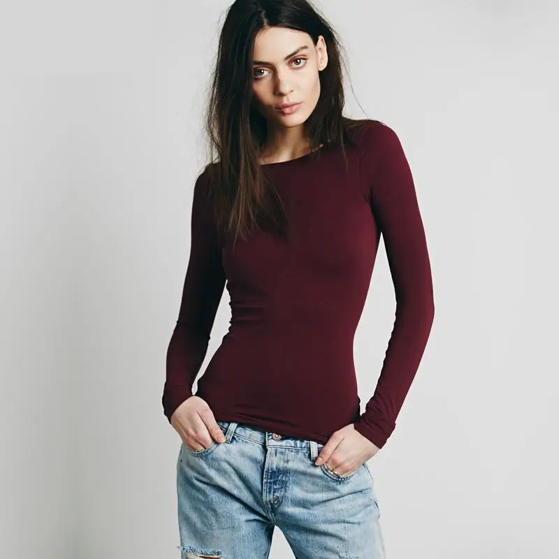 Новый Мода 2017 футболка осень-зима одноцветное Цвет Для женщин с длинным рукавом