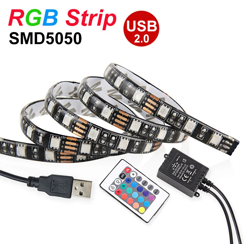 

USB Светодиодная лента SMD5050 RGB светодиодная полоса DC5V гибкая светодиодная лампа s IP65 50 см 1 м 2 м с 24 клавишами дистанционного управления ТВ фосв...