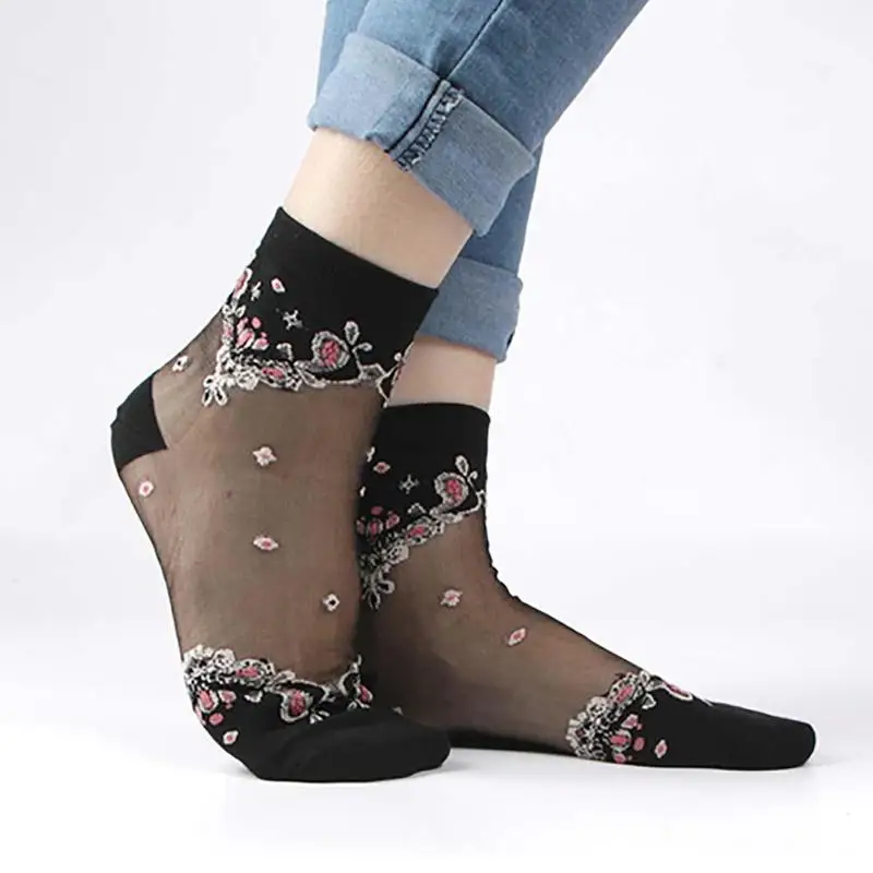 

Модные женские летние кружевные ультратонкие прозрачные носки, 1 пара, носки до щиколотки с цветком розы, дышащие короткие носки для девочек
