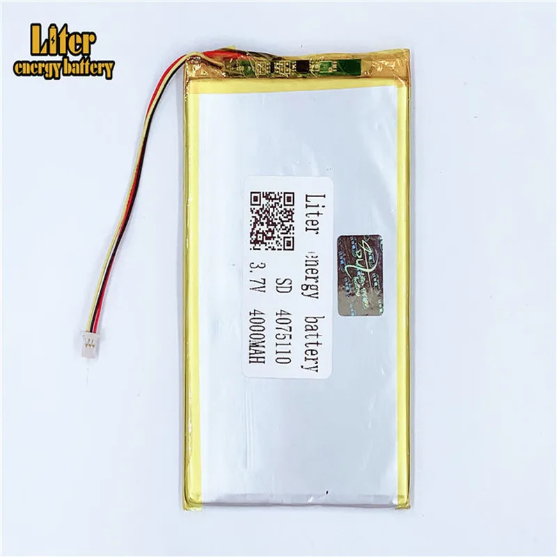 1.0MM 3pin connector 4075110 3.7V 4000mah tablet pc 7 inch lipo battery in rechargeable Batteries with full capacity |