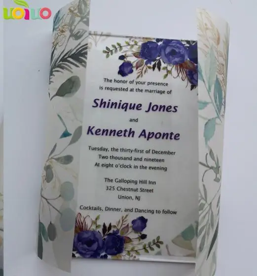printed acrylic card Веллум бумага бесплатный дизайн горячая Распродажа Заказная персонализированная печать фиолетовый цветок прозрачная акриловая Свадебная пригласительная карта - Цвет: printed acrylic card