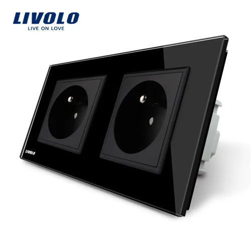 Black LIVOLO 16A французский Стандартный, выход настенной электрической/Мощность двойная розетка/разъем, с украшением в виде кристаллов Стекло Панель, C7C2FR-11/12/13/15, без логотипа - Тип: Black