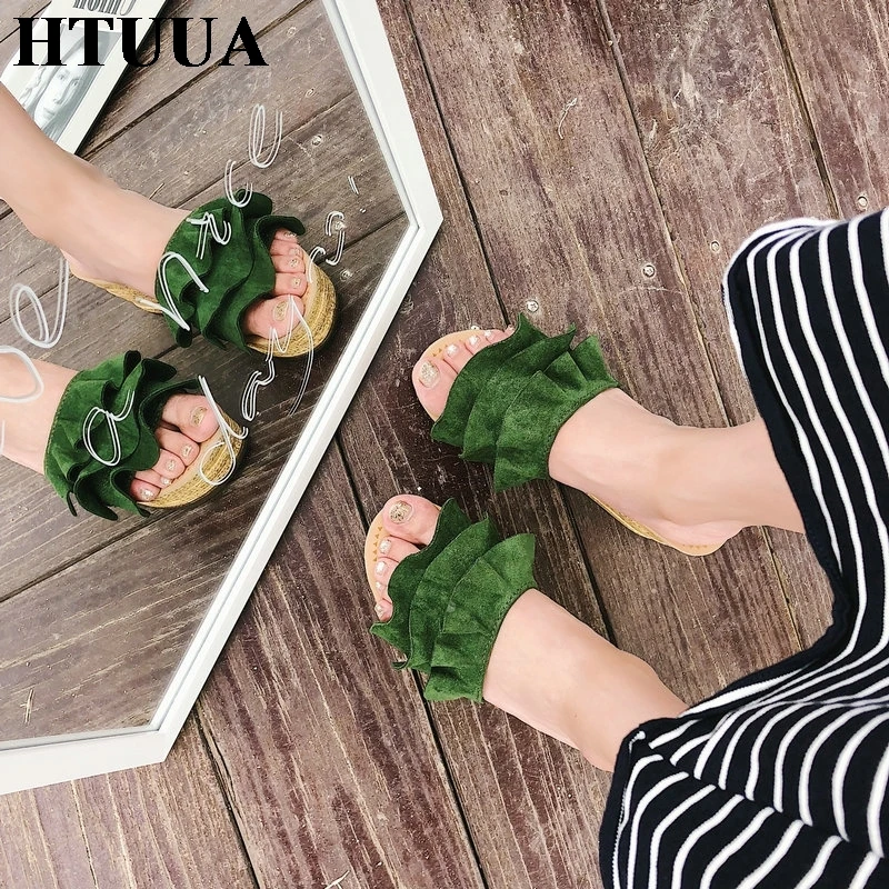 HTUUA/Новинка 2019 года Летние шлепанцы на танкетке с оборками женские платформе и