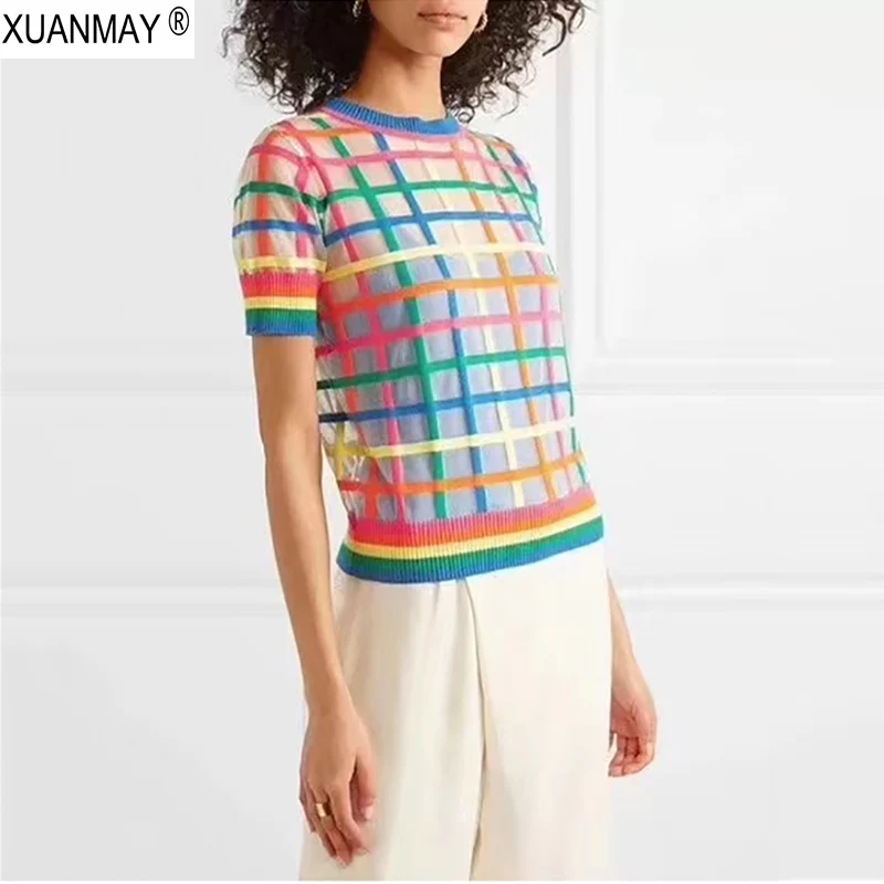 Летний Тонкий Стильный пуловер свитер брендовый дизайн клетчатый узор вязаные