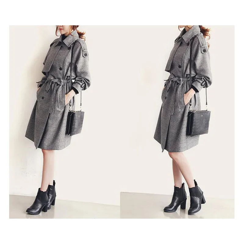 Женское длинное пальто в клетку повседневное шерстяное большого размера Осень