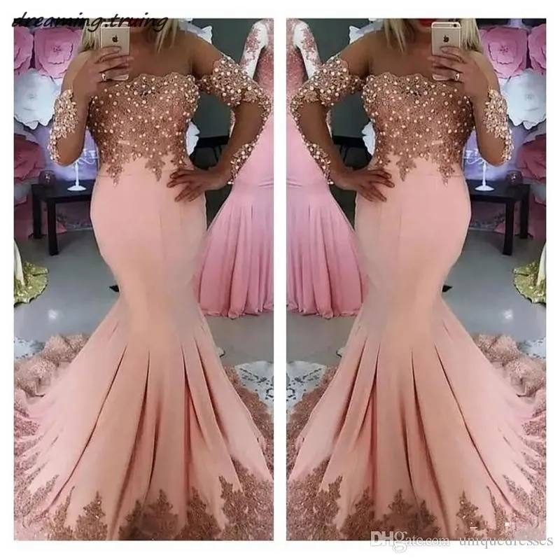 Сексуальное светло розовое вечернее платье русалки с длинными рукавами