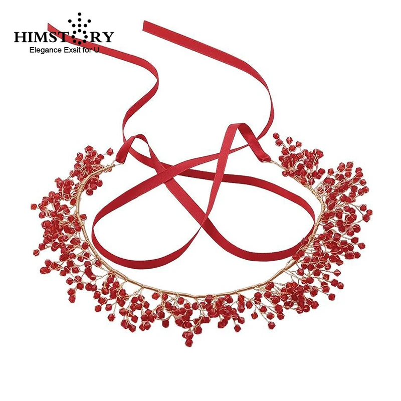 

HIMSTORY Handmade Red Soft Ribbon Hairband Hair Vine Branch Beads Headband Sweet Crystal Shinning Headpiece Wedding Hairwear