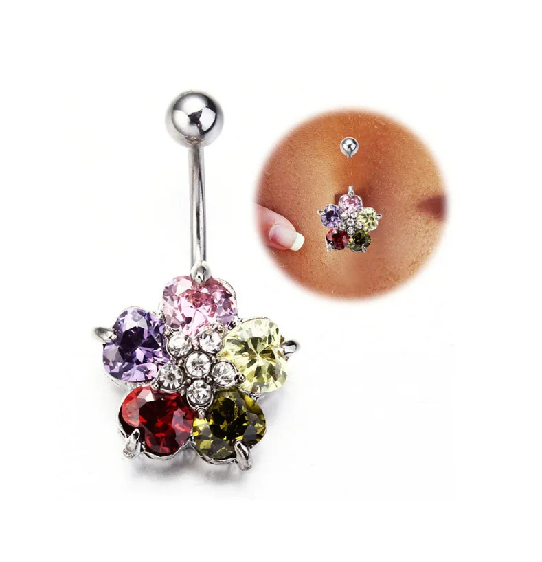 

MODRSA 1pc Crystal Flower Belly Button Rings Stainless Steel Navel Belly Piercing Ring Body Jewelry Piercing Ombligo