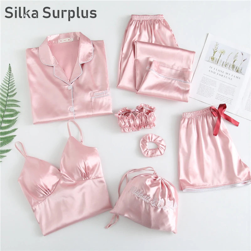 Silka Surplus 7 шт. женский Шелковый пижамный комплект с длинными рукавами брюки женская ночная рубашка одежда для сна Домашняя одежда с нагрудной накладкой
