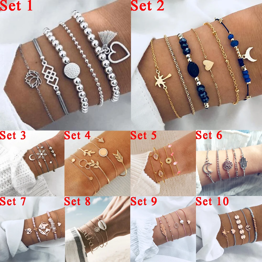 30 стилей сердце ракушка Звезда Луна лук Кристалл бусы браслет наборы Бохо модный
