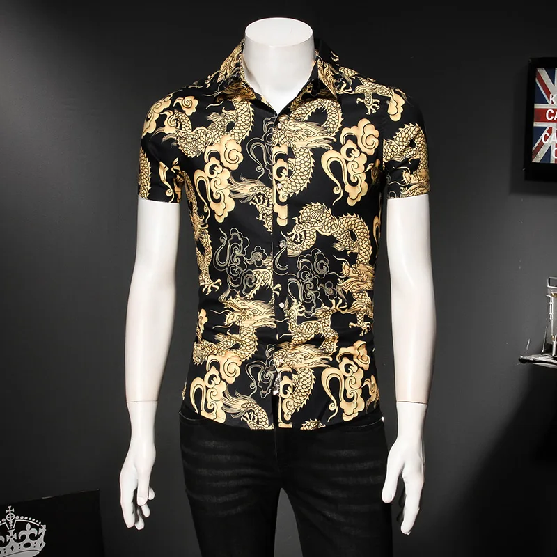 2019 Летняя мужская рубашка брендовая дизайнерская китайская с принтом дракона