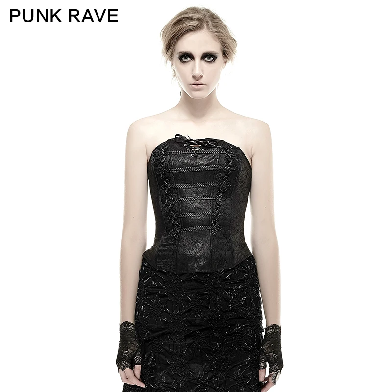 PUNK RAVE Gothic Dark Floral Pattern Embroidery Adjustable Sexy Croset With Ribbon Y-246