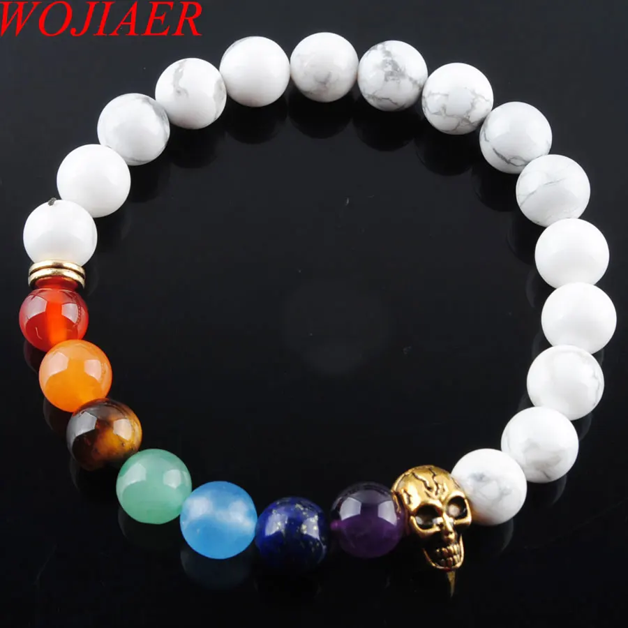 WOJIAER 8 мм белый Howlite камень круглый бусины браслеты 7 Исцеление чакры для медитации и молитвы Йога для женщин Jewelry PK3239
