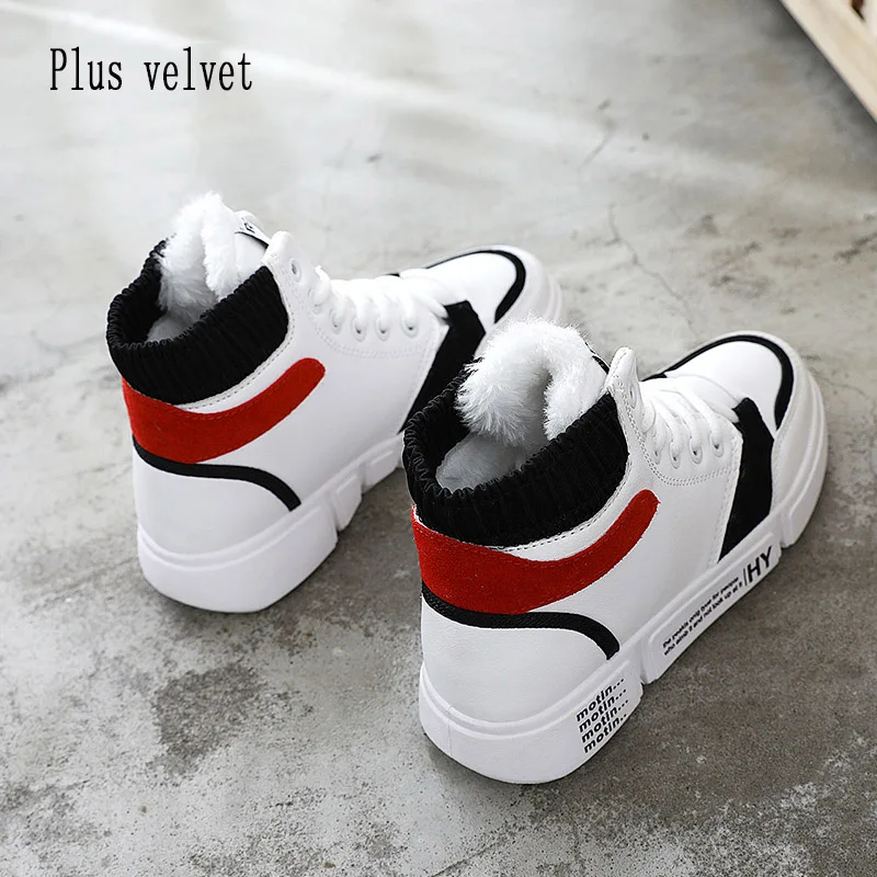 White Red Plush Модные женские кроссовки; коллекция года; женская обувь; зимняя спортивная обувь; бархатная хлопковая обувь с высоким берцем; женские белые кроссовки на платформе; 268 - Цвет: White Red Plush
