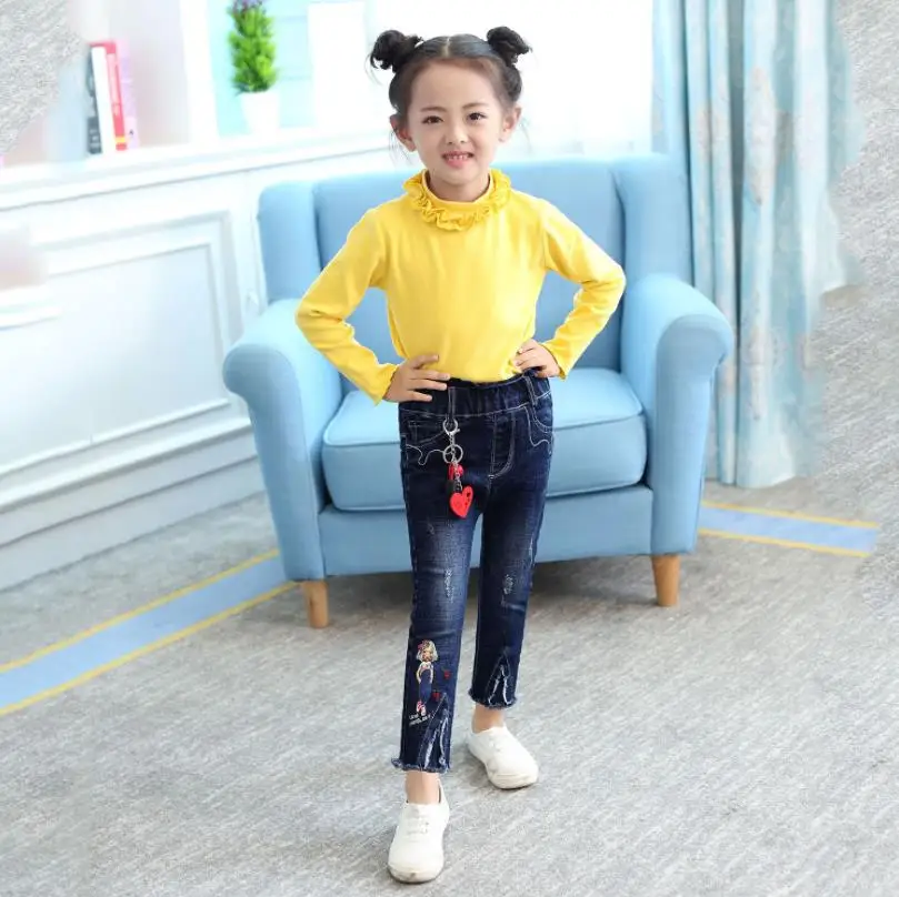 Baby girl clothes denim pants elastic waist cute print jeans spring autumn new brand boot cut trousers children ws179 |