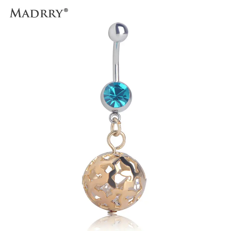 Madrry Zircon Ball Hollow Belly Button Ring Stainless Steel Long Pendant Beach Bikini Body Piercing Jewelry Rings For Women | Украшения и