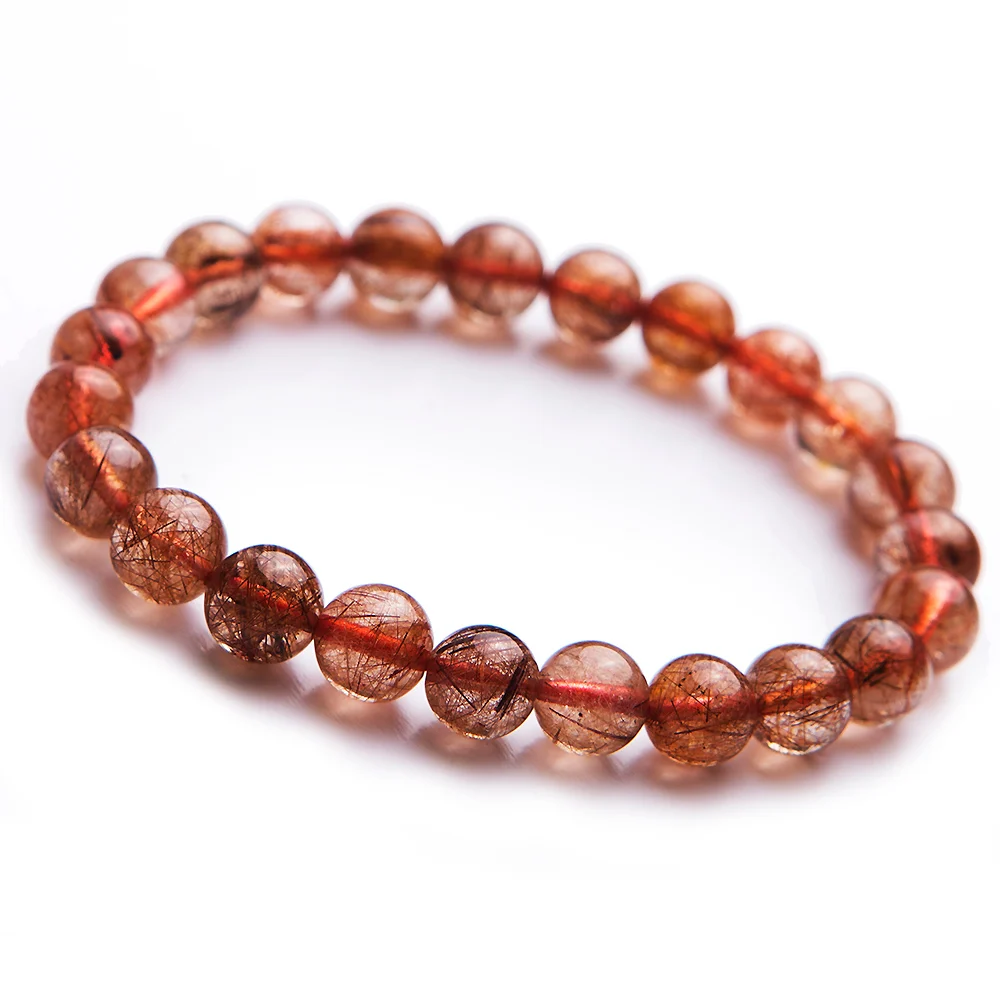 Genuine Natural Stone Copper Hair Rutilated Quartz Crystal Loose Beads Women Stretch Bracelets 8.5mm