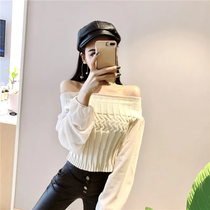 OllyMurs New Fashion Women Slim Knitted Sweater Chiffon Stitching Ladies O-neck Sexy Short Tops Sweaters Lantern Sleeve Knitwear | Женская