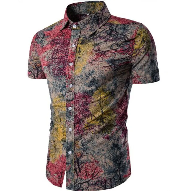 

casual short sleeve shirt fashion cotton and linen lapel short sleeve shirt new popular men's printed short sleeve shirt