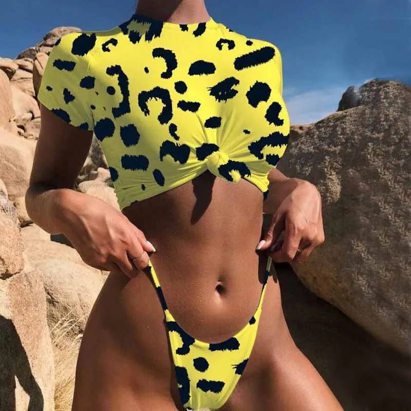 Женский купальник-бикини с леопардовым принтом Бразильская футболка купальник