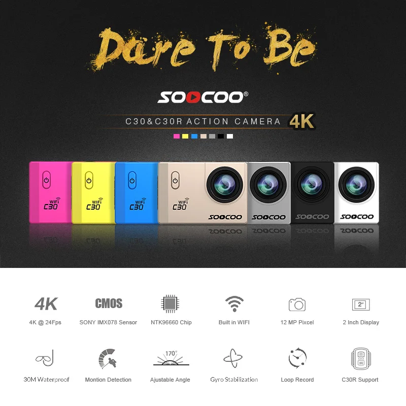 Soocoo c30/c30r действие Камера 4 К гироскопа Wi Fi регулируемый угол обзора 170 градусов 2 0