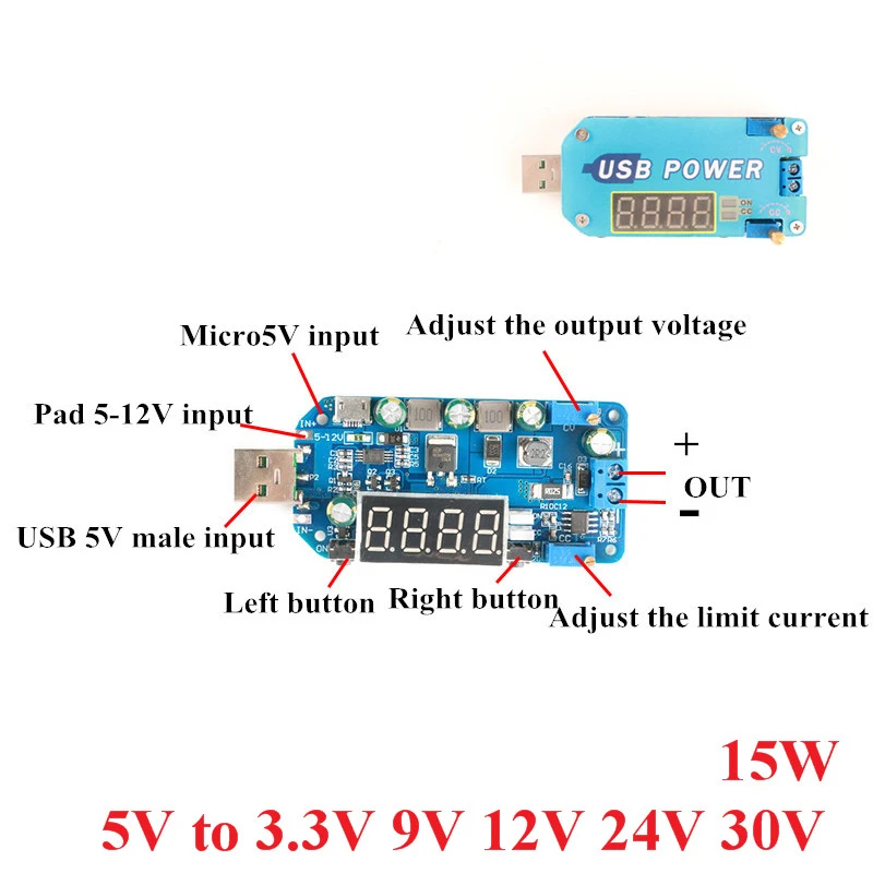 Регулируемый понижающий источник питания с USB 15 Вт CVCC Buck Boost преобразователь
