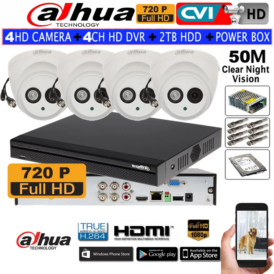 

DAHUA 720P IR50M in/outdoor camera IP67 HAC-HDW1020E Dome CVI camera 4CH DH-XVR4104HS CVI camera kit дополнительный HDD с блоком питания
