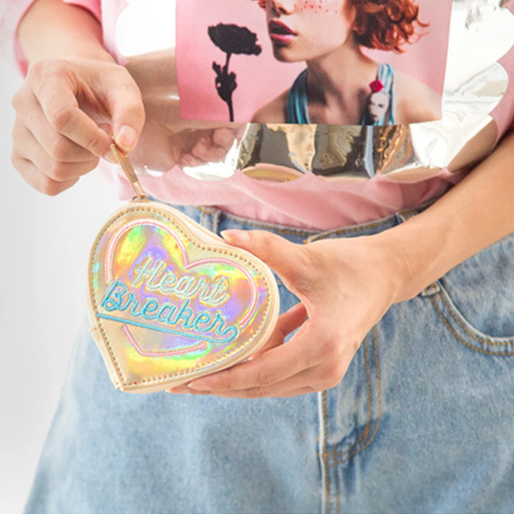 

Lanzon Bentoy Korean Chic Heart Shape Wallet Laser Hologram PU Small Coin Purse Zipper Clutch Money Bag Card Holder Pouch Bags