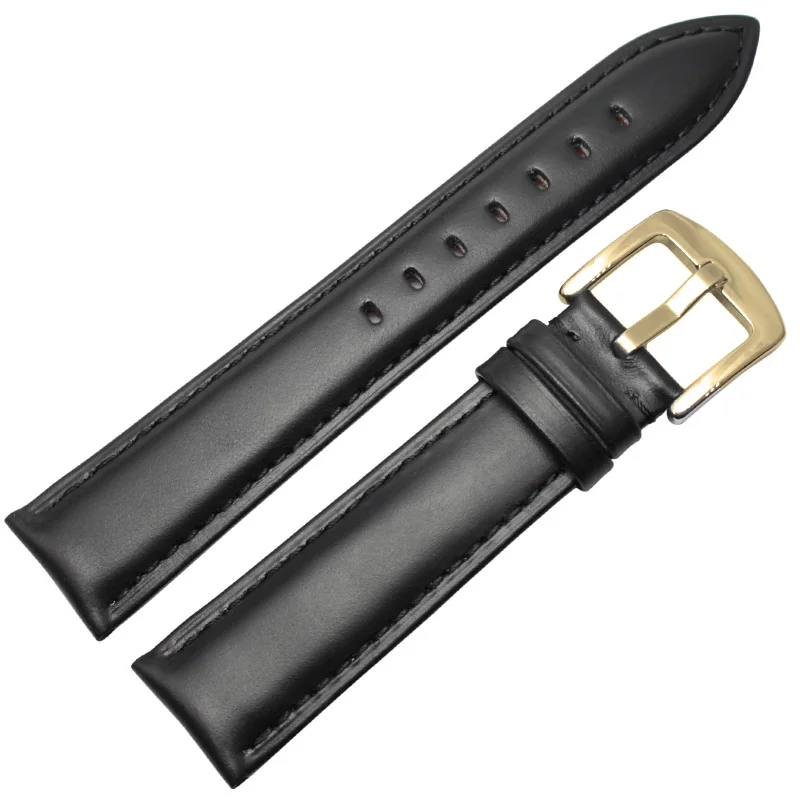 Black gold buckle Ремешок для часов из натуральной кожи, черный, коричневый, 18, 19, 20, 21, 22, 24 мм, для женщин и мужчин, мягкий гладкий ремень с серебристой, золотой металлической пряжкой - Цвет ремешка: Black gold buckle