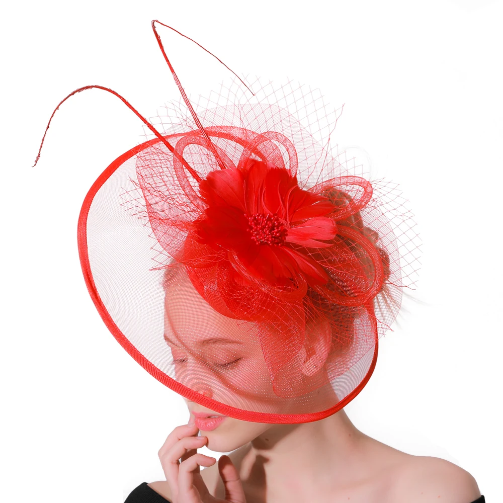 

Red Cocktail Hats Fascinators Base for Women Wedding Party Headbands French Mesh Veil Hair Hoop Ornaments Bride Feather Hairpins