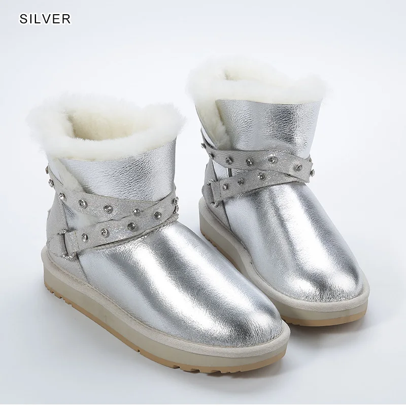 Silver INOE Водонепроницаемые Короткие Зимние ботильоны из овечьей кожи с меховой подкладкой женские зимние ботинки серебристый ремешок с кристаллами теплые модные удобные зимние полусапоги нескользащая плоская подошва - Цвет: Silver