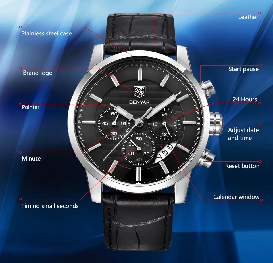 Reloj Hombre BENYAR модные мужские часы брендовые Роскошные бизнес-часы с хронографом спортивные Кварцевые водонепроницаемые часы Relogio Masculino