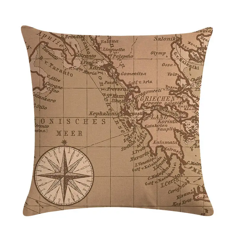 Наволочка с морской картой мира декоративная подушка в стиле ретро льняные