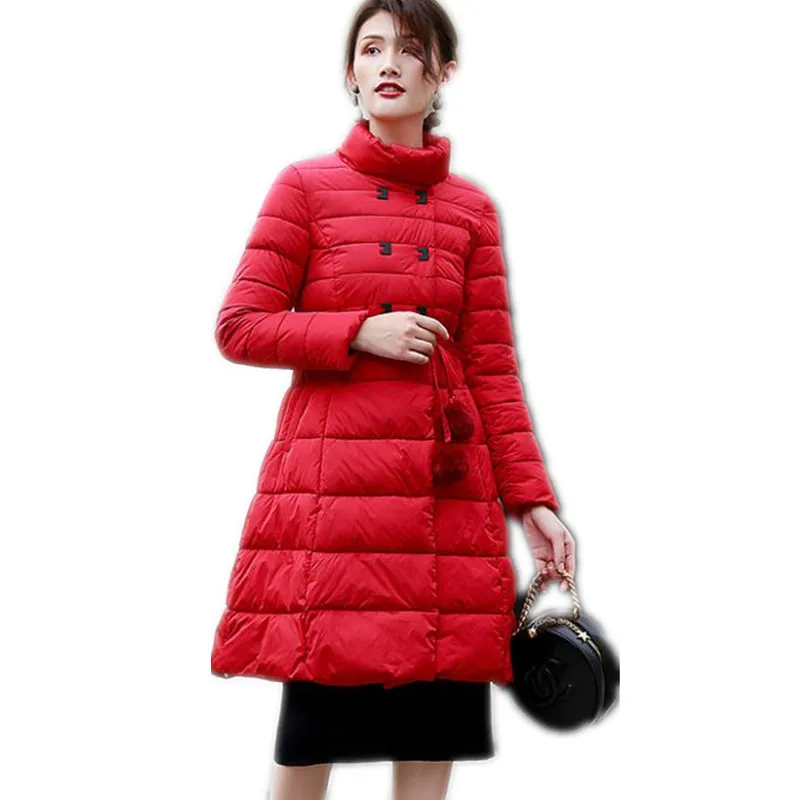 Ботинки из органической кожи новые зимние Для женщин Jackets2018Fashion куртка А-силуэта хлопковая куртка Для женщин с пояса Кнопка зимние пальто со стоячим воротником ParkasCQ2508
