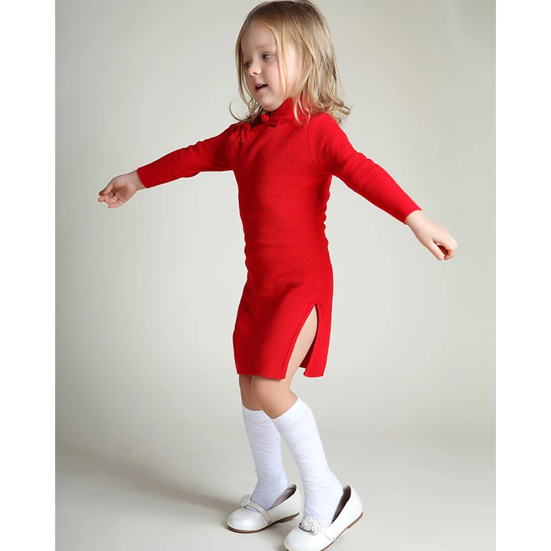 Girls Winter Sweater Dresses Toddler Baby Spring Qipao Chinese Knit Year Dress Thicker Red Pink Cheongsam | Детская одежда и обувь