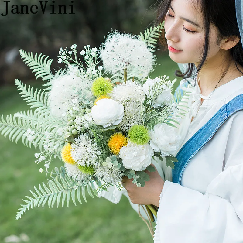 Винтажный букет невесты JaneVini белая ассиметричная ручка букета в виде одуванчика