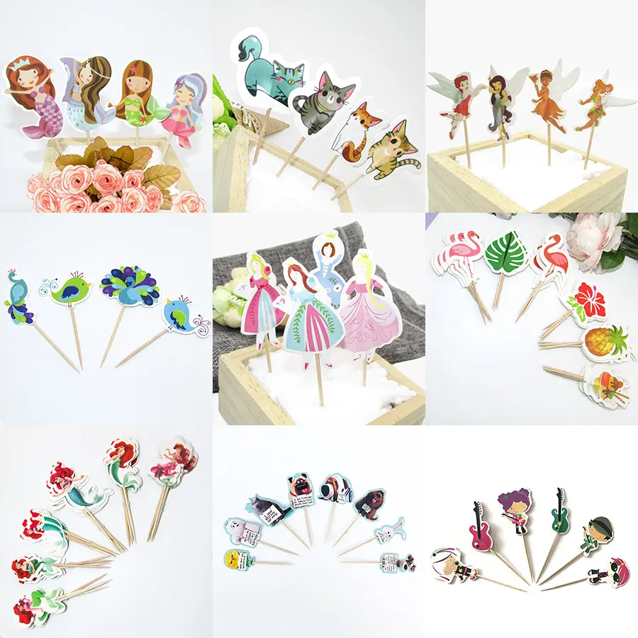 24 шт./лот Мультяшные топперы для капкейков Русалка собака Китти Домашние