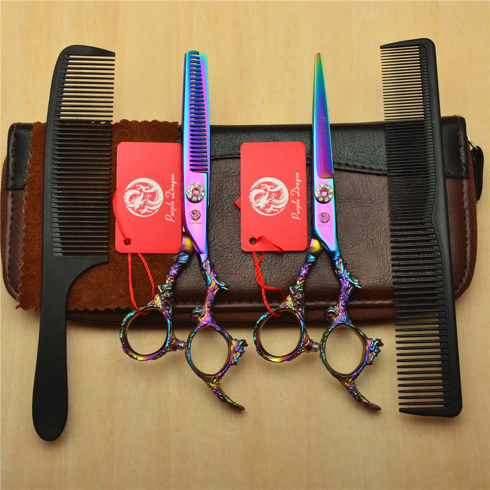 

4Pcs Set 9005# 6.0'' Dragon Handle Purple Colour Hairdressing Scissors Combs + Cutting +Thinning Shears Human Hair Scissors Suit