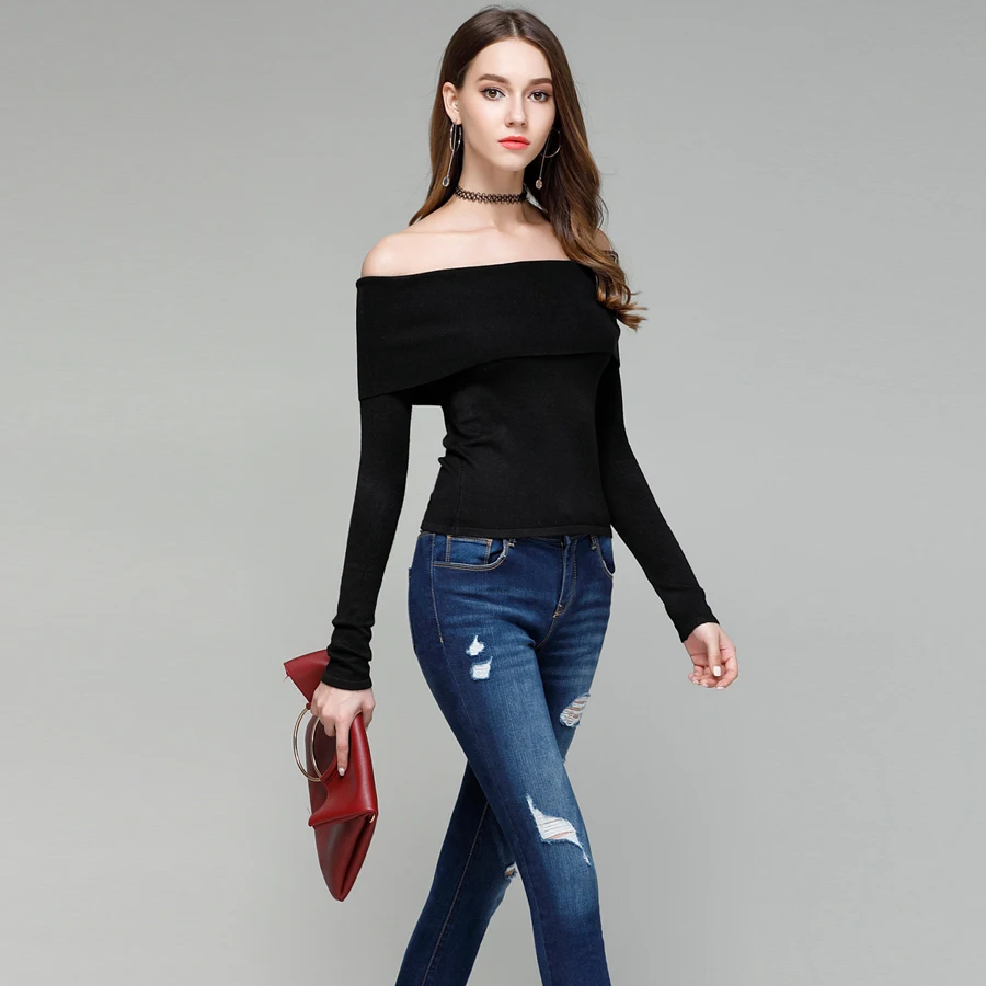 LERFEY Off Shoulder Elastic Autumn Knitted Sweater Women Short Black Lapel Pullover Sexy Jumpers Winter Slash Neck Knitwear Tops | Женская