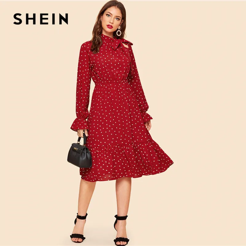 SHEIN Винтажное Платье В Горох В Стиле 70-Х Годов С Бантом Женское Бордовое Элегантное Миди Платье С Длинными Рукавами И Оборками