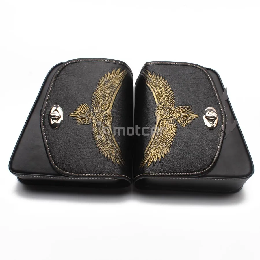 

For Harley Sportster XL883 1200 Honda Suzuki Motorcycle Black PU Leather Eagle Logo Tool Bag Luggage Left+Right Side Saddle Bag
