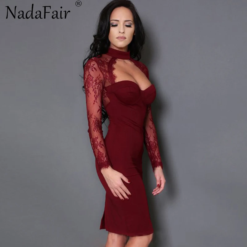 Nadafair Кружева сексуальное облегающее Клубное платье вечерние платья Для женщин с длинным рукавом свадебное платье с рукавами из кружева прозрачная миди летнее платье Vestidos черный