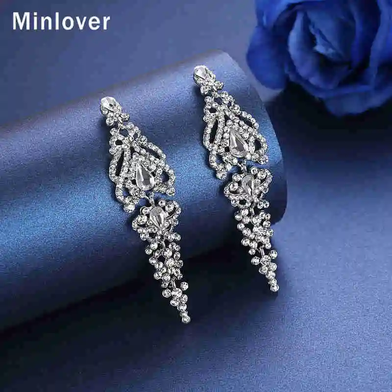 Minlover свадебные серьги кристалл длинные висячие для невесты серебряного цвета
