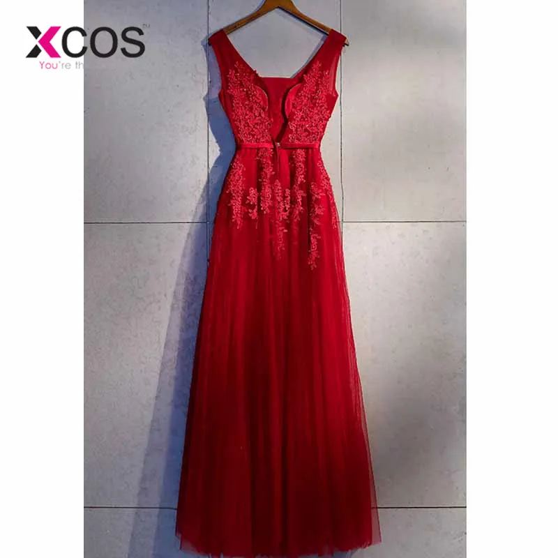XCOS vestido de festa V образным вырезом красное винтажное кружево с аппликацией и бисером