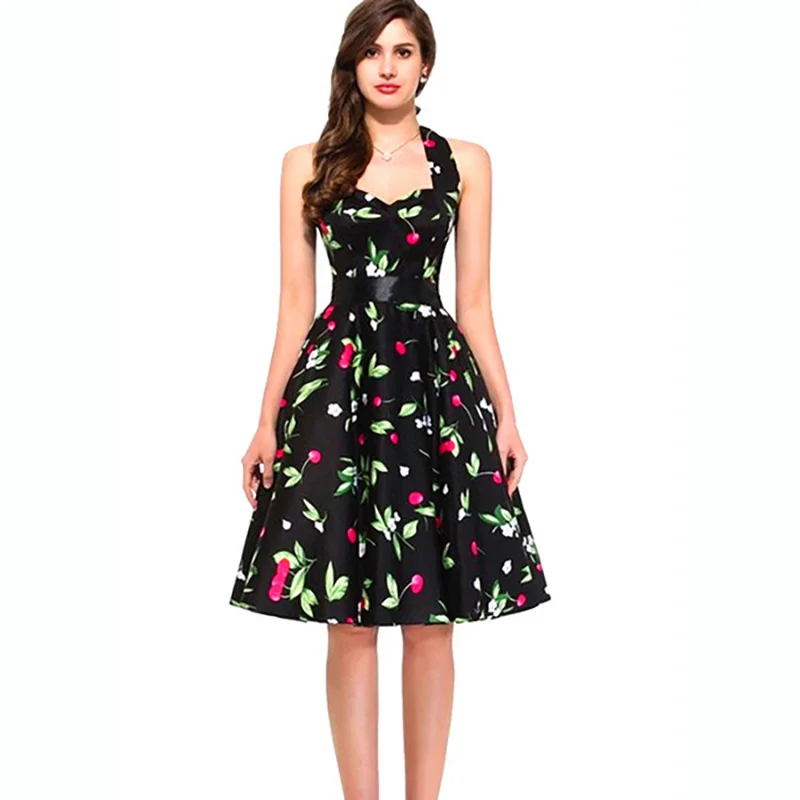 Женское летнее платье с лямкой на шее 2017 большой размер Одри Хепберн цветочный