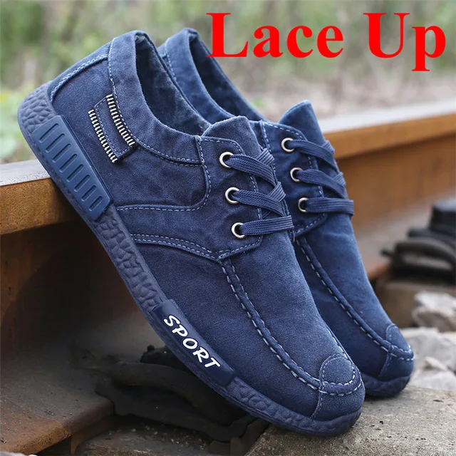 Blue lace up Летняя мужская обувь для бега; спортивная джинсовая парусиновая обувь; спортивная обувь без шнуровки; мужские лоферы; zapatillas hombre deportiva - Цвет: Blue lace up