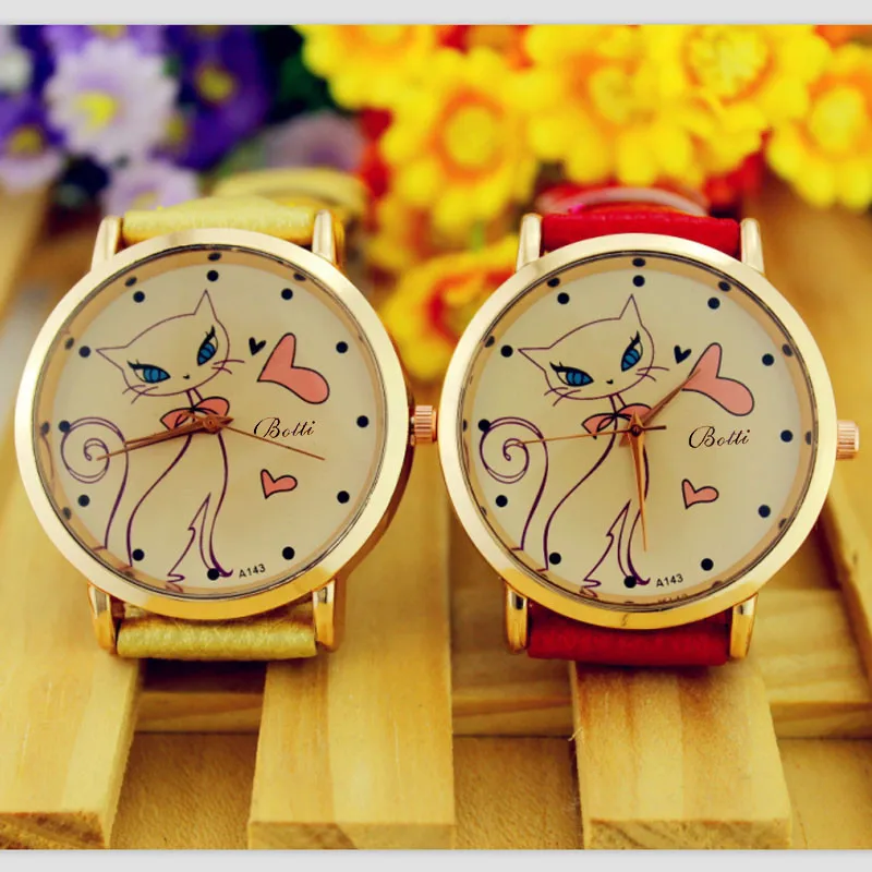 Модные женские искусственный кожаный полосатый ремешок с узором Love cat Dial Relogio feminino Аналоговые кварцевые наручные часы Cat женские часы B40