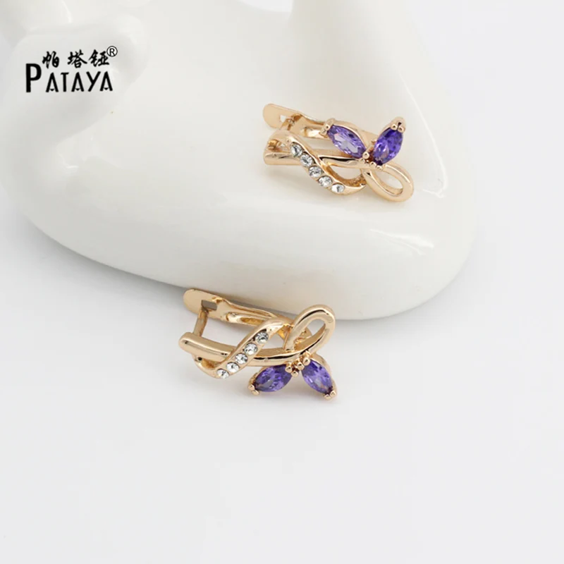 PATAYA, 585, розовое золото, свисающие серьги, фиолетовые, два листа, натуральные, богемные, модные ювелирные изделия, романтические, циркониевые свисающие серьги