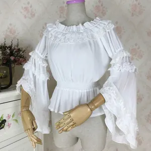 Милая женская шифоновая блузка с длинным Расклешенным рукавом, винтажный топ с открытыми плечами